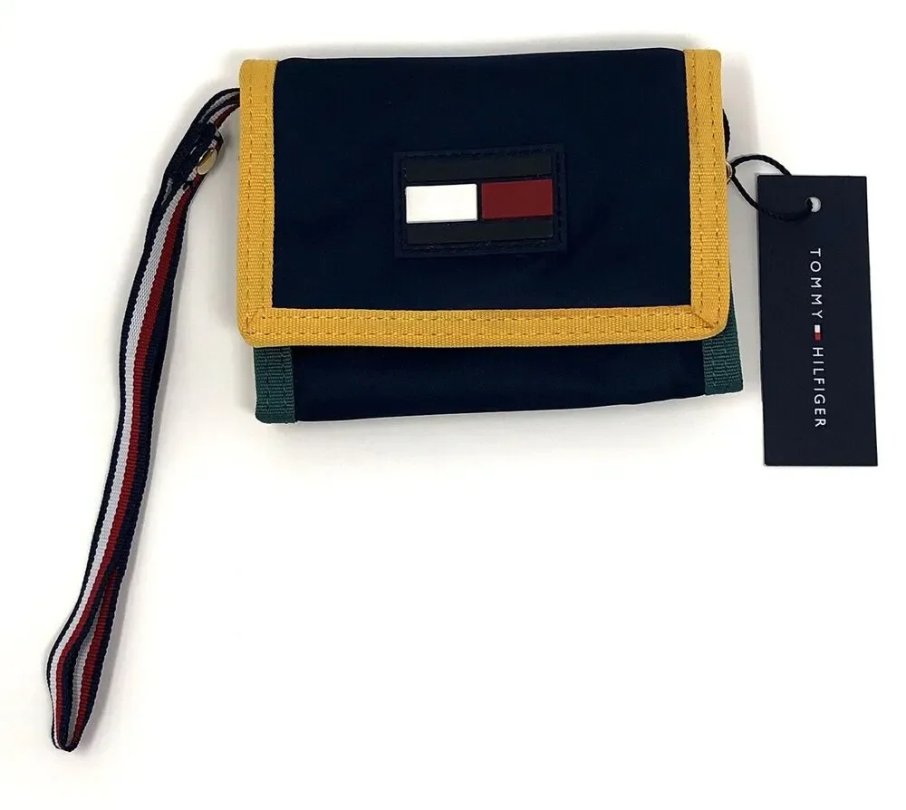 Tommy Hilfiger Nylon Trifold Wallet Yellow Big Flag NWT Wristlet Strap LEAH